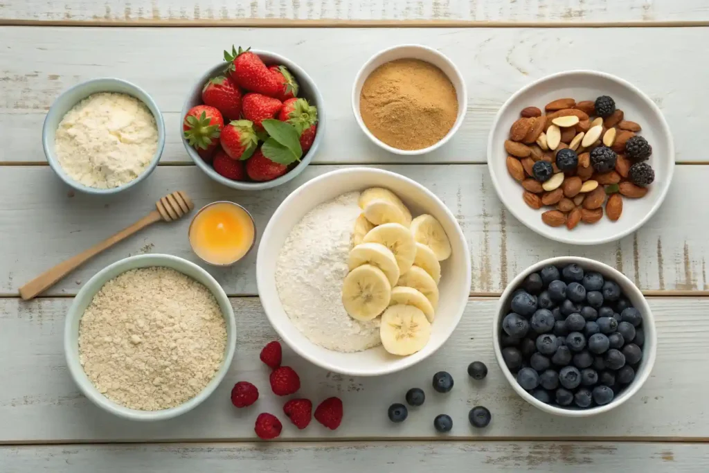 Ingredients for healthy pancake mix including whole wheat flour, almond flour, and fresh fruits