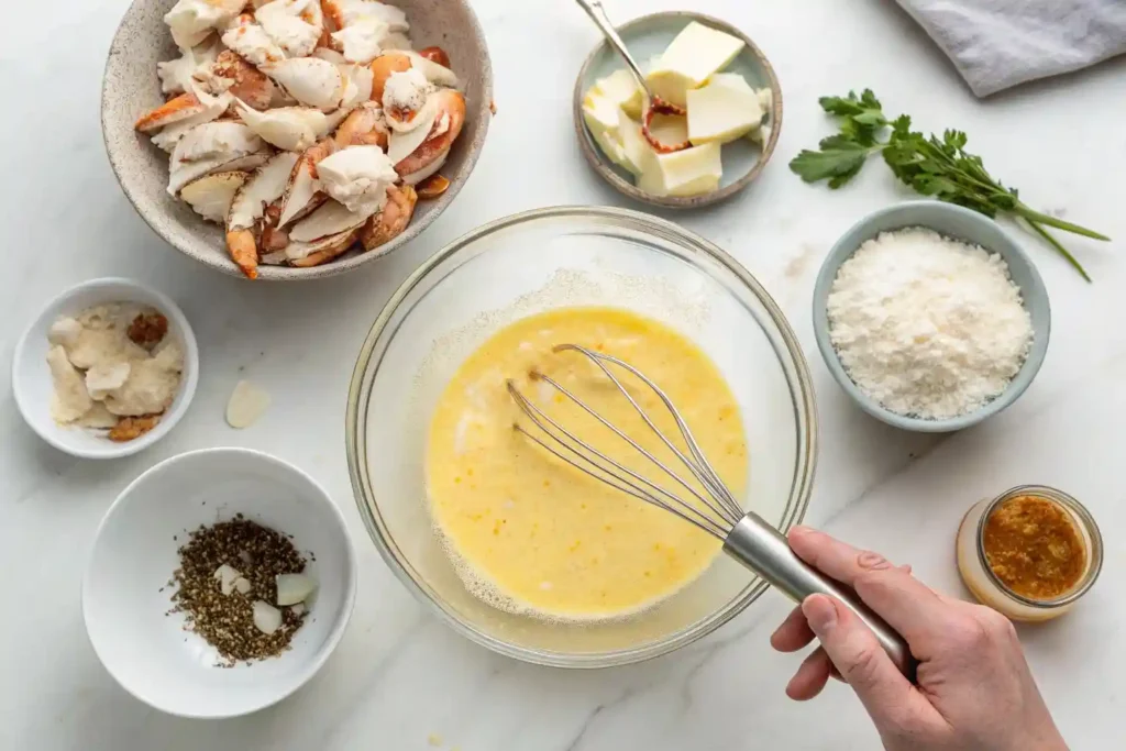 Top-down view of the preparation process for crab brulee, featuring fresh lump crab meat, egg yolks, heavy cream, grated Parmesan cheese, and spices neatly arranged on a marble countertop, with a hand folding crab meat into custard in a glass bowl under bright natural lighting.