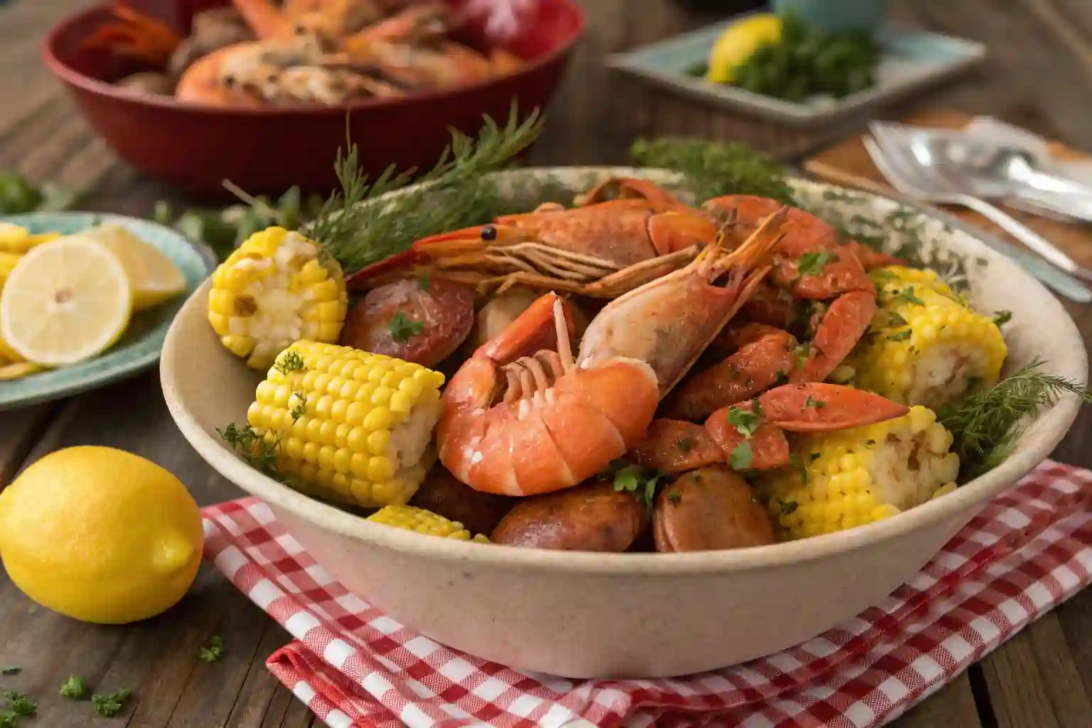 A colorful seafood boil with shrimp, crab, corn, and potatoes on a rustic table.