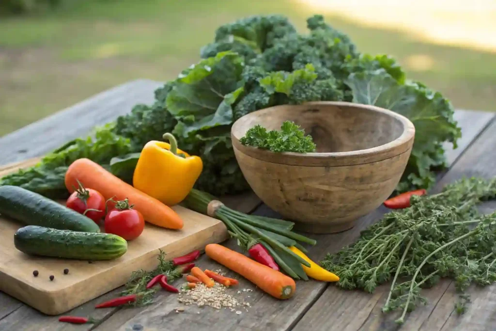 Fresh vegetables and greens for swamp soup preparation