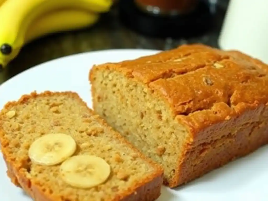 Sliced banana bread on a white plate, with banana slices on top, and a whole loaf in the background, with bananas visible.