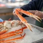 A person wearing gloves holds a large crab leg above a tray filled with ice and several other crab legs, showcasing the vibrant orange color of the crab.