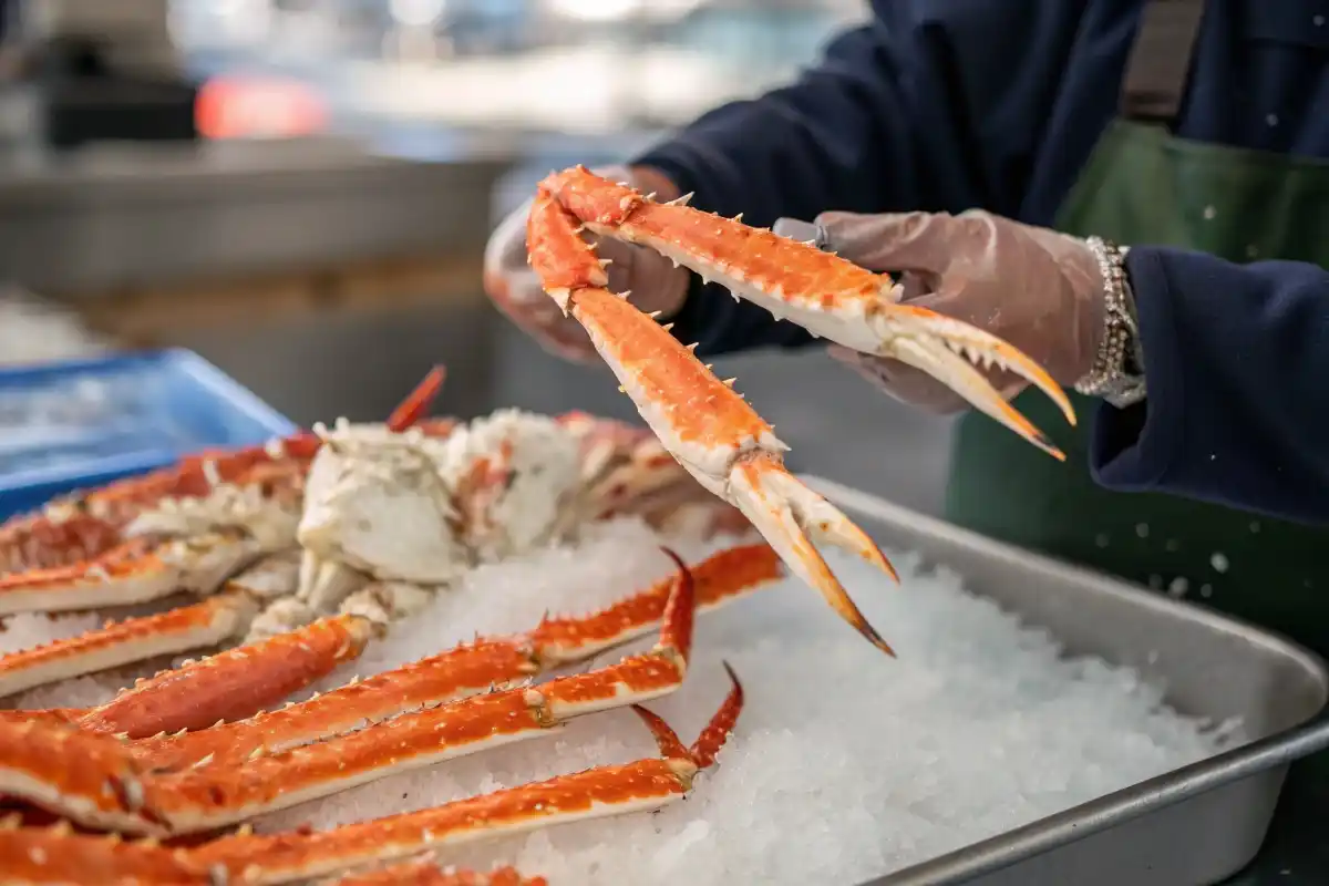 A person wearing gloves holds a large crab leg above a tray filled with ice and several other crab legs, showcasing the vibrant orange color of the crab.