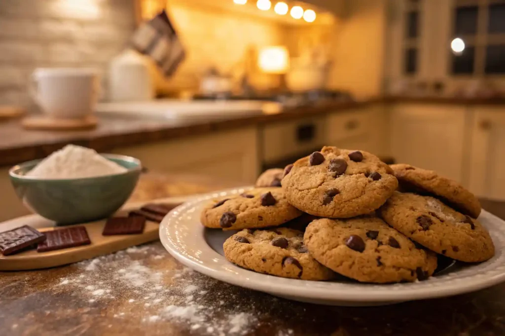 Plate of freshly baked crookies with chocolate chips