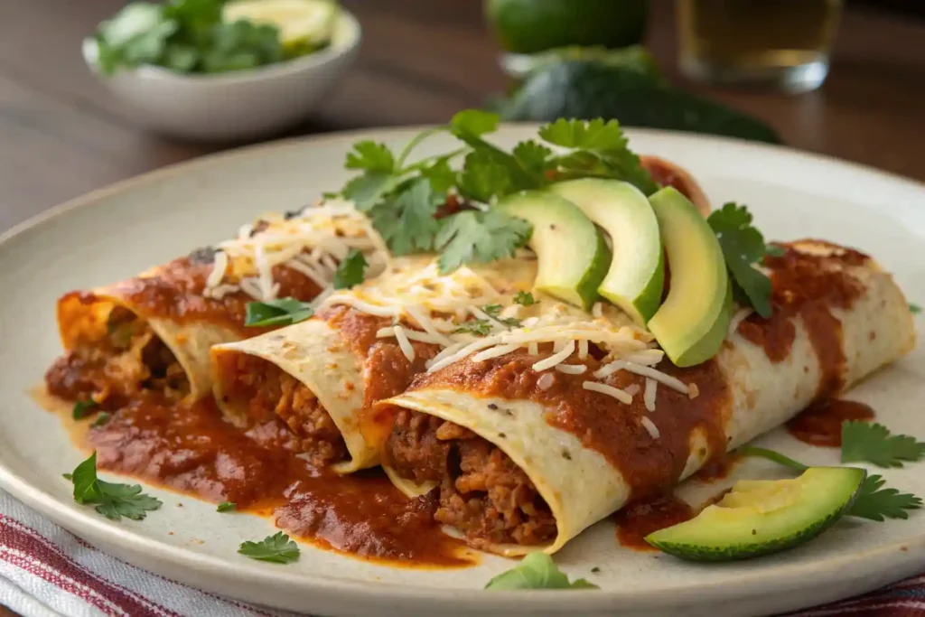 A plate of enchiladas rancheras topped with ranchera sauce and cheese