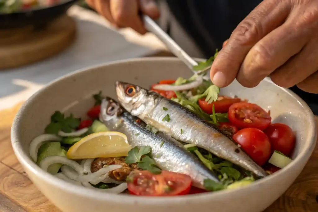 Close-up of fresh ingredients for boquerones, showcasing their vibrant colors and textures.