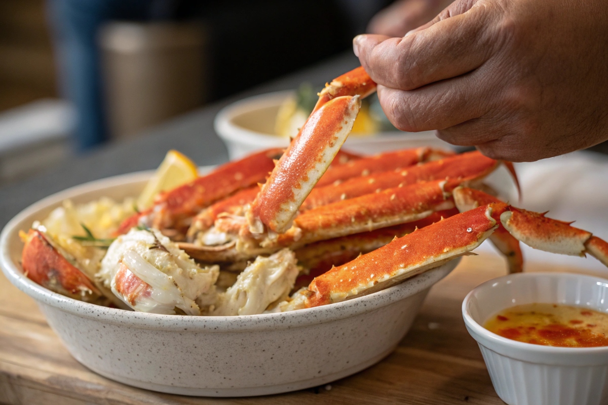 Close-up of snow crab legs being lifted, showcasing their texture and color.