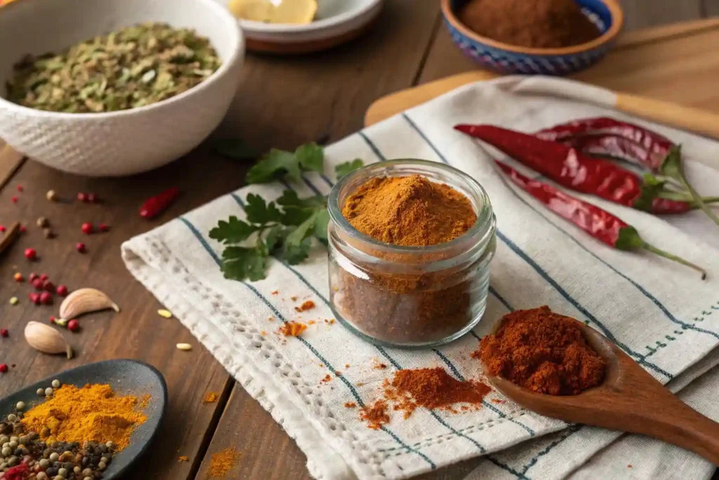 A jar of turmeric powder on a kitchen towel, surrounded by fresh herbs, dried red chilies, and bowls of spices.