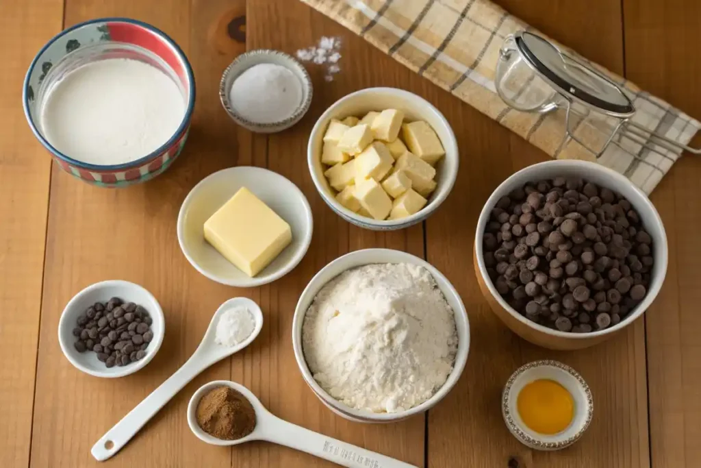 Ingredients for making crookies on a wooden table