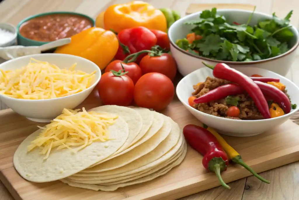 Step-by-step process of assembling enchiladas rancheras with filling and sauce.