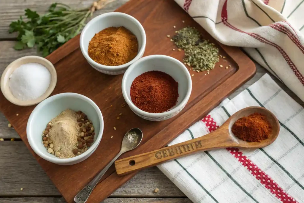 Individual spices for enchilada seasoning in small bowls on a wooden table