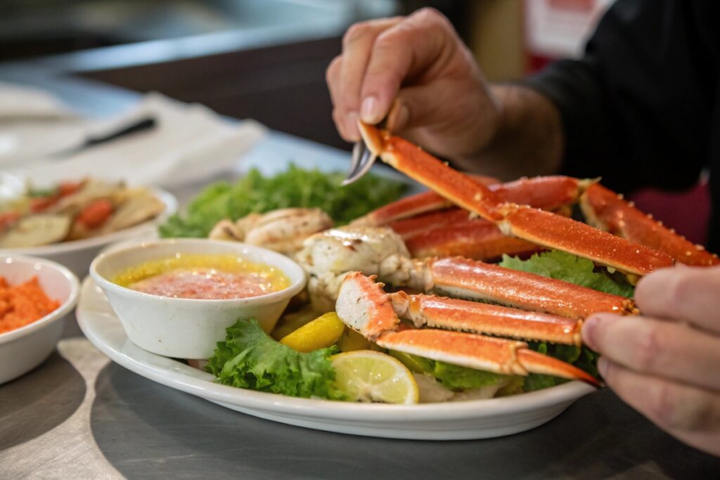 Ingredients for snow crab legs meal, including fresh crab legs and seasonings.