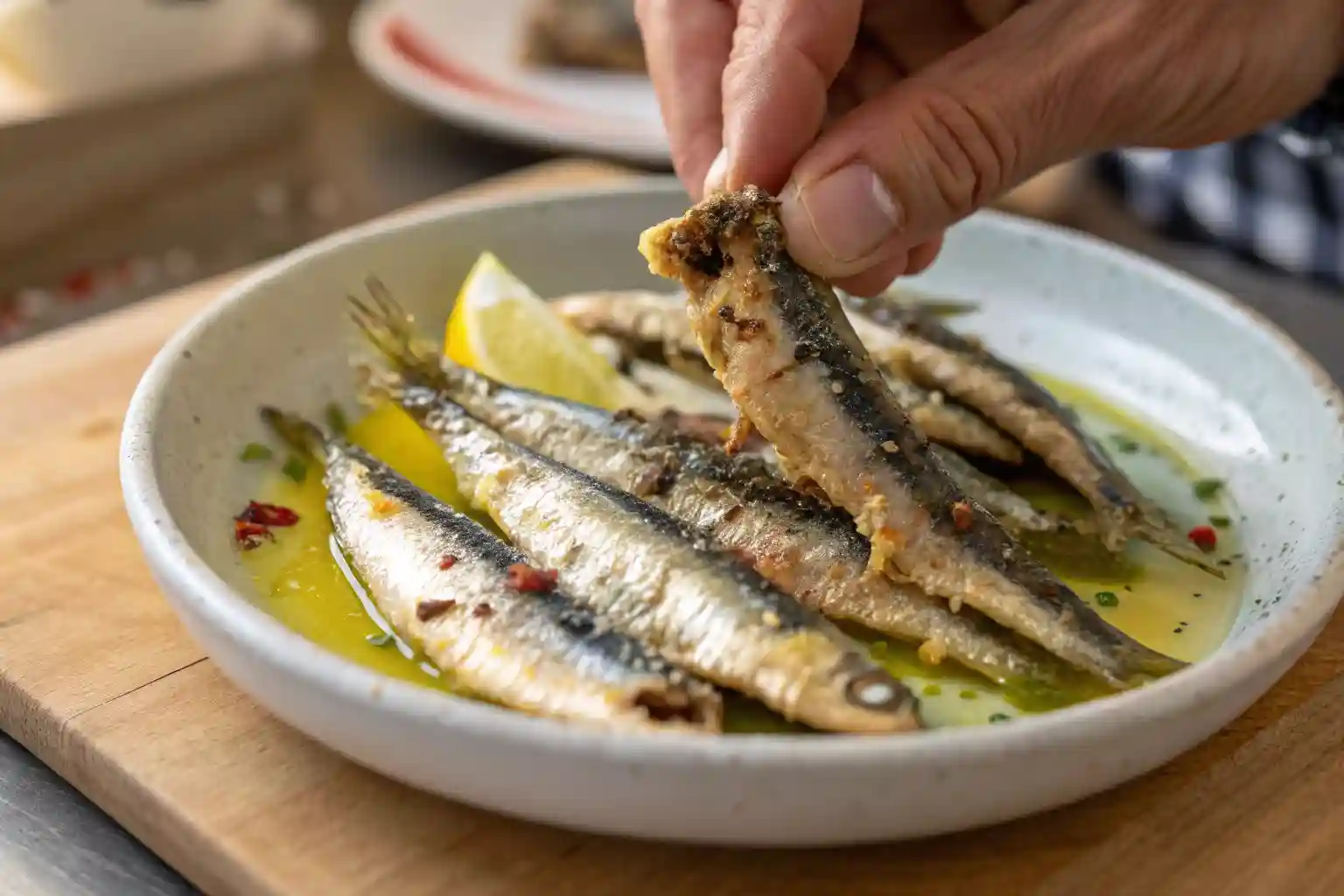 Close-up of boquerones being lifted, showcasing their fresh ingredients and vibrant colors.