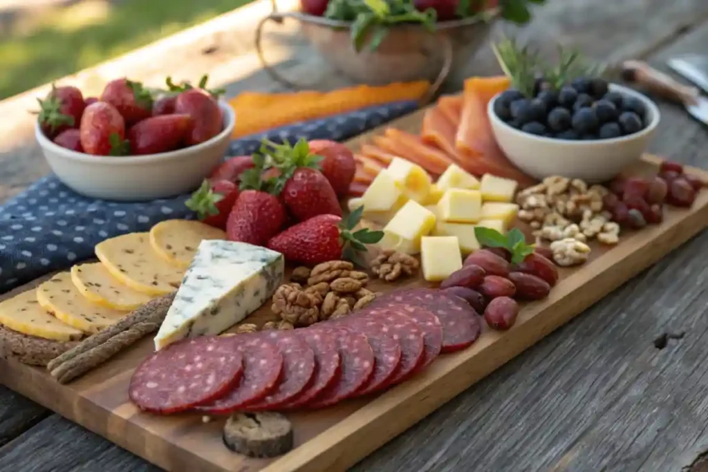 Charcuterie board with summer sausage and cheeses