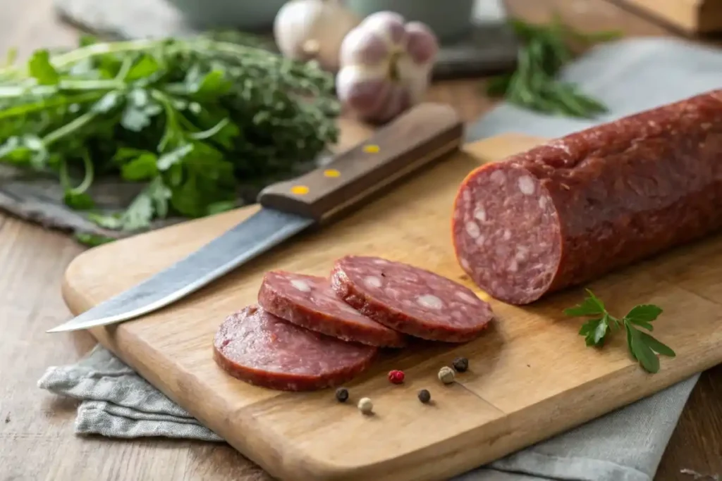 Close-up of sliced summer sausage on a cutting board