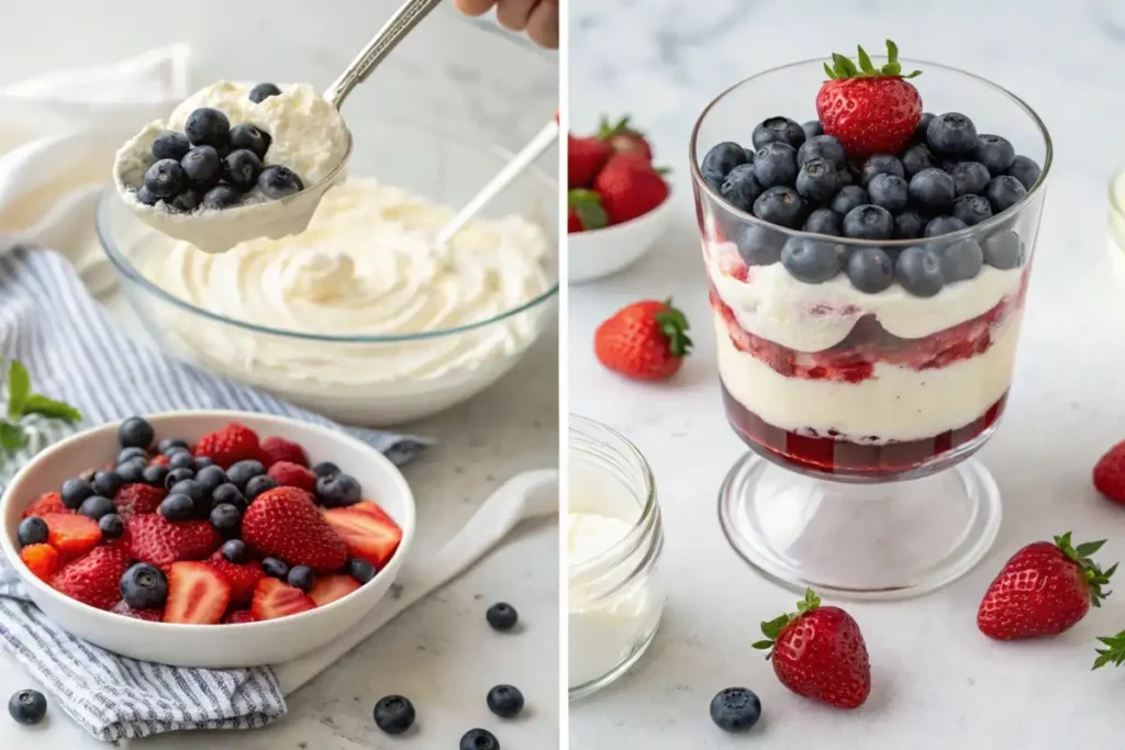 Step-by-step process of preparing berries and cream dessert.