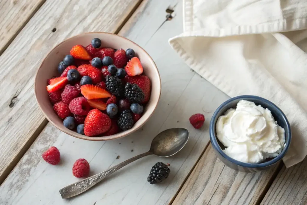 A bowl of fresh berries and a bowl of whipped cream on a rustic table.