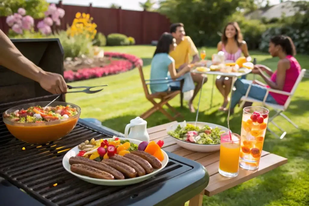 People enjoying a summer BBQ with grilled sausage