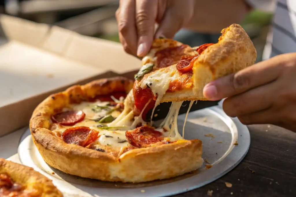 Close-up of a freshly prepared pizza puff being lifted by a hand, showcasing its delicious texture and golden crust.