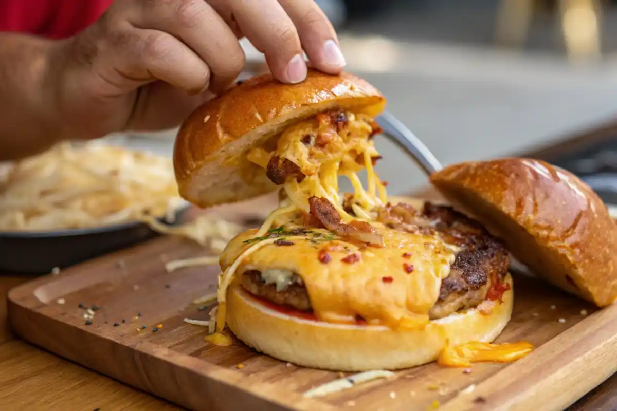 Close-up of a dish featuring Colby Jack cheese.