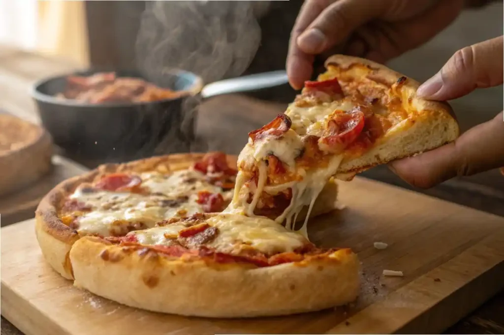 A close-up of a freshly prepared pizza puff dish, highlighting textures and colors, with a hand lifting the food.