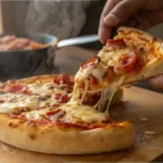 A close-up of a freshly prepared pizza puff dish, highlighting textures and colors, with a hand lifting the food.