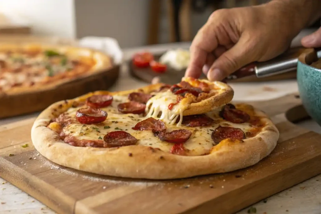 A hand lifting a slice of pizza, revealing melted cheese and toppings, emphasizing the mouthwatering