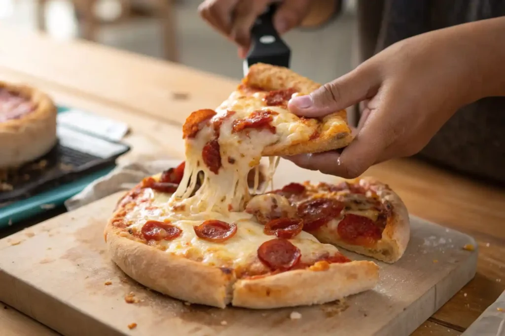 A hand pulling a slice of pizza from a freshly baked pie, highlighting the gooey cheese