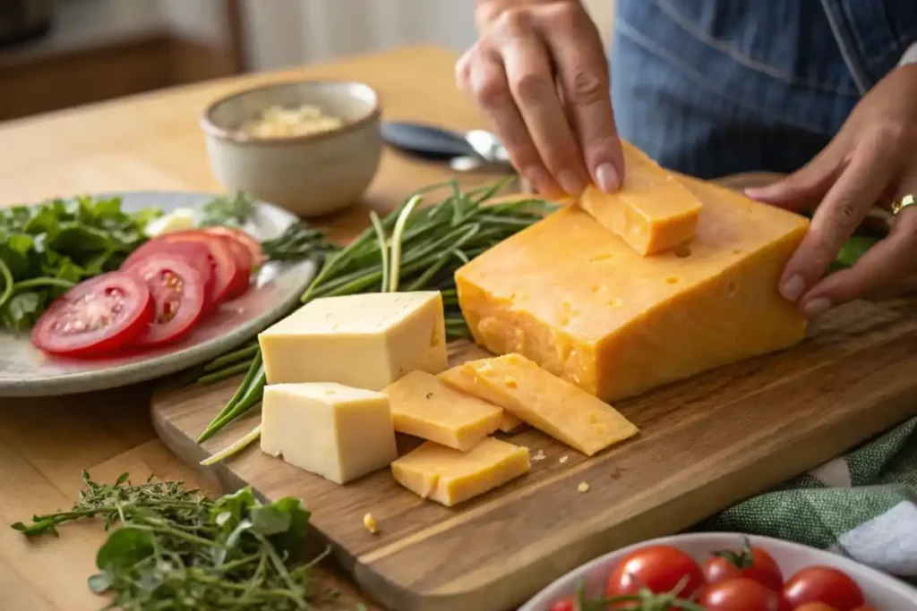 Fresh ingredients for a Colby Jack cheese dish.