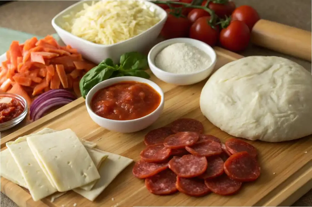 Close-up of pizza puffs ingredients, including dough, cheese, and toppings.