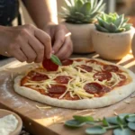 A hand adding toppings to a pizza dough, showcasing the preparation process with fresh ingredients