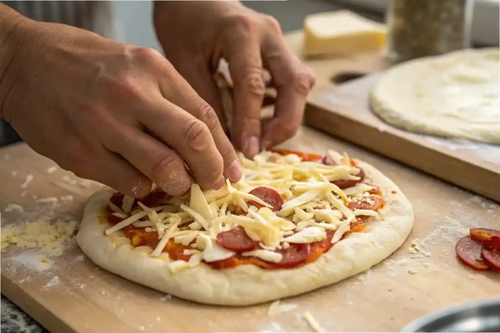 Close-up of pizza puffs preparation, showing hands assembling the dish.