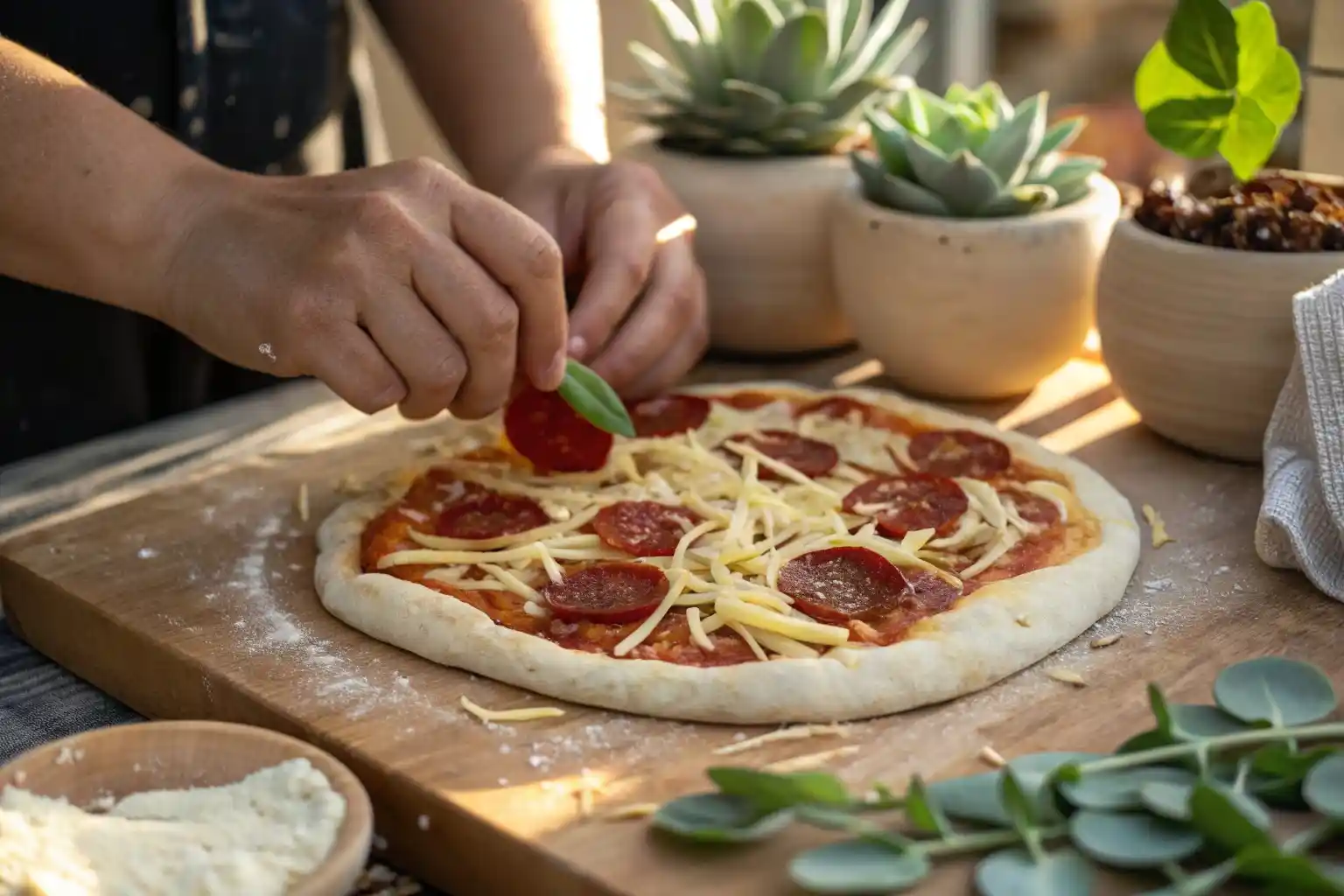 A hand adding toppings to a pizza dough, showcasing the preparation process with fresh ingredients