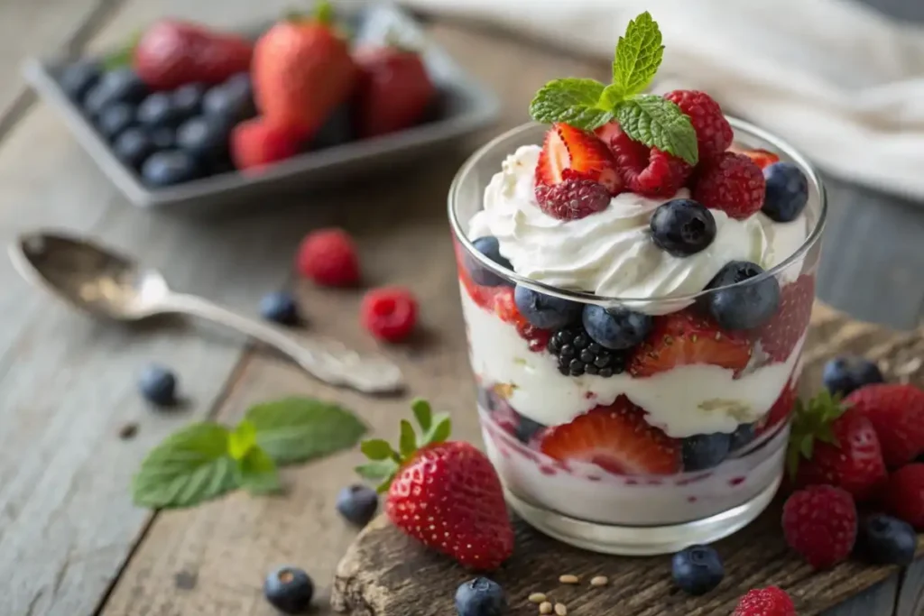 A glass of berries and cream dessert with fresh berries and whipped cream.