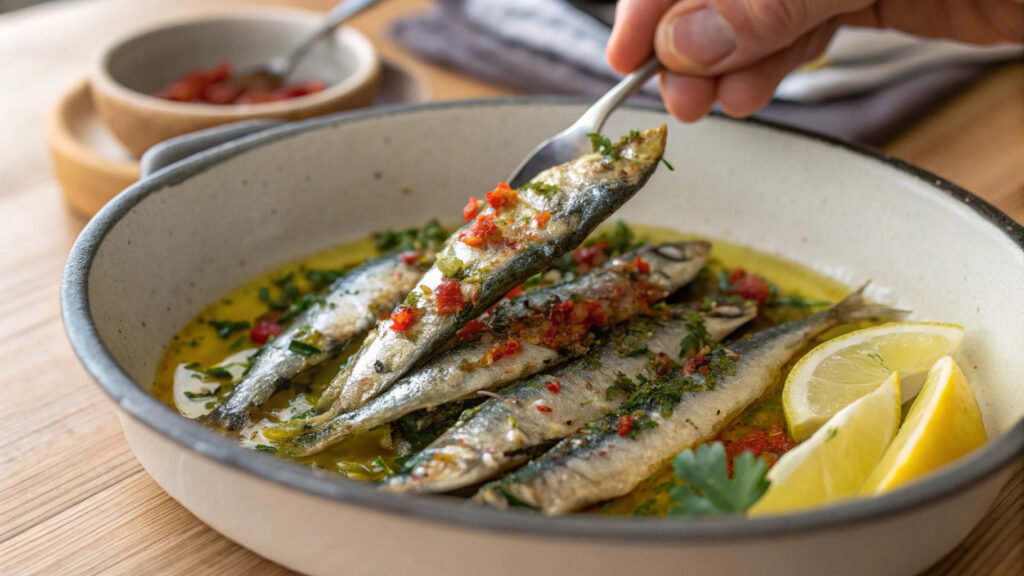 Close-up of boquerones being prepared, highlighting the fresh ingredients and vibrant presentation.