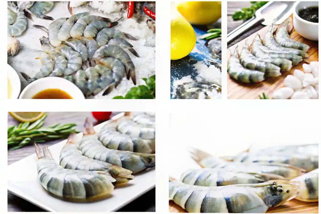 Fresh tiger shrimp displayed on ice with lemon and herbs.