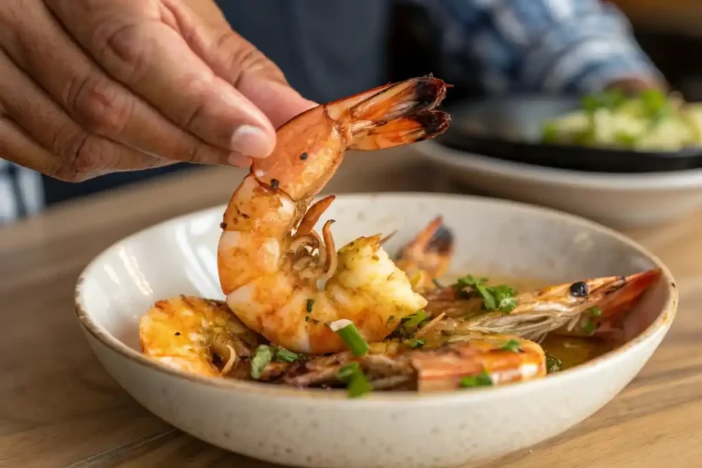 Close-up of a tiger shrimp dish being lifted, showcasing its details.