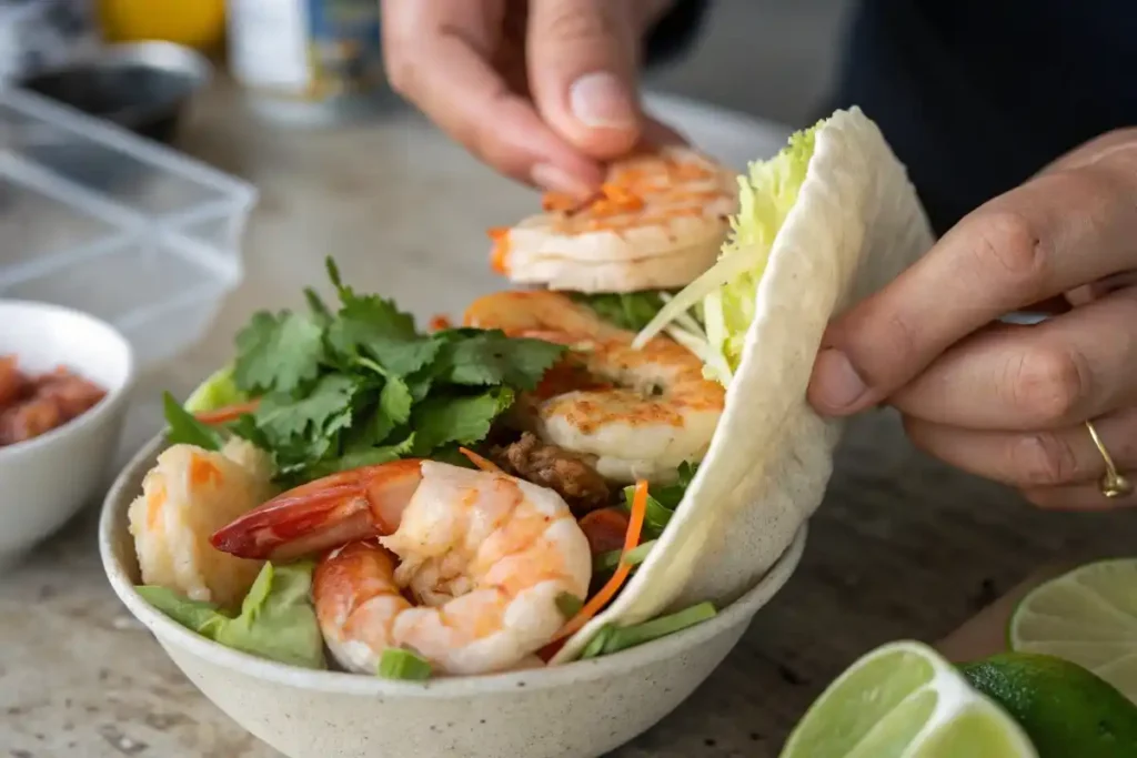 Ingredients for a tiger shrimp meal displayed in a close-up view.