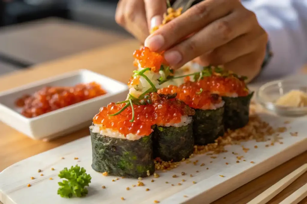 Close-up of a delicious tobiko dish.