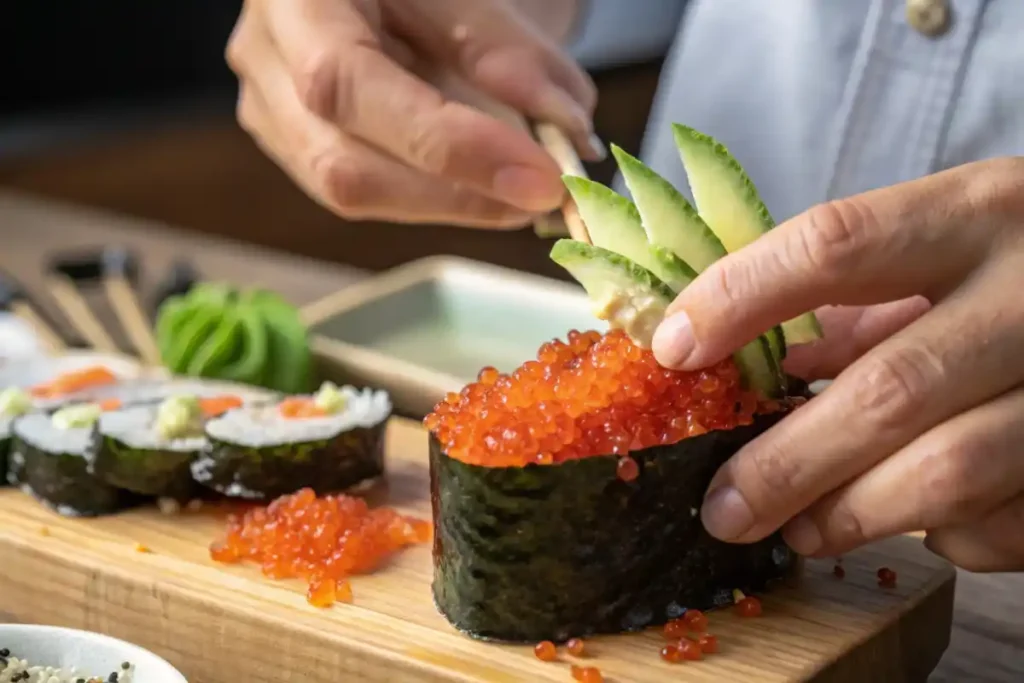 Preparing a tobiko dish.