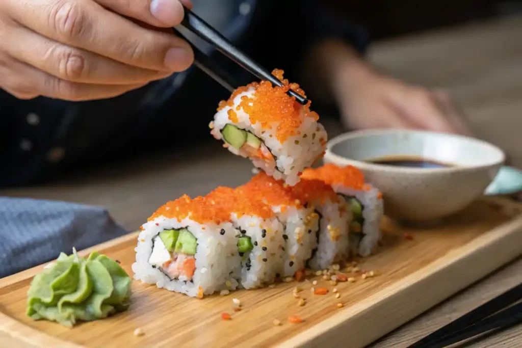 Close-up of what is tobiko sushi, showcasing vibrant colors and textures.