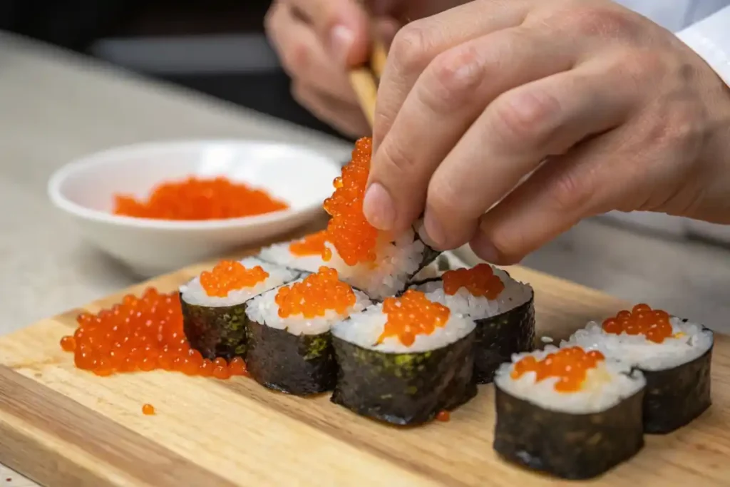 Preparing what is tobiko sushi, highlighting the process.