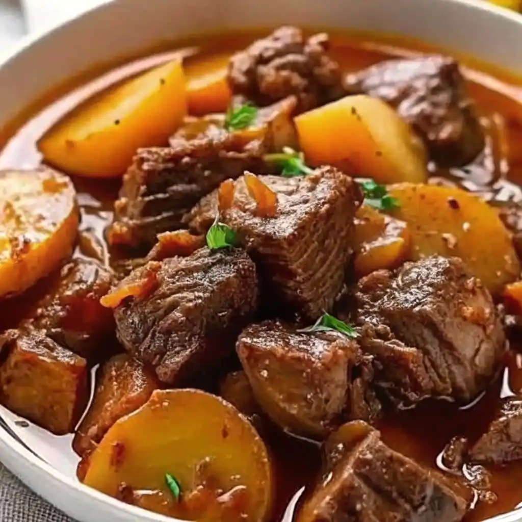 Homemade Beef Mechado with tender beef chunks, potatoes, and bell peppers in rich tomato sauce served over steamed rice