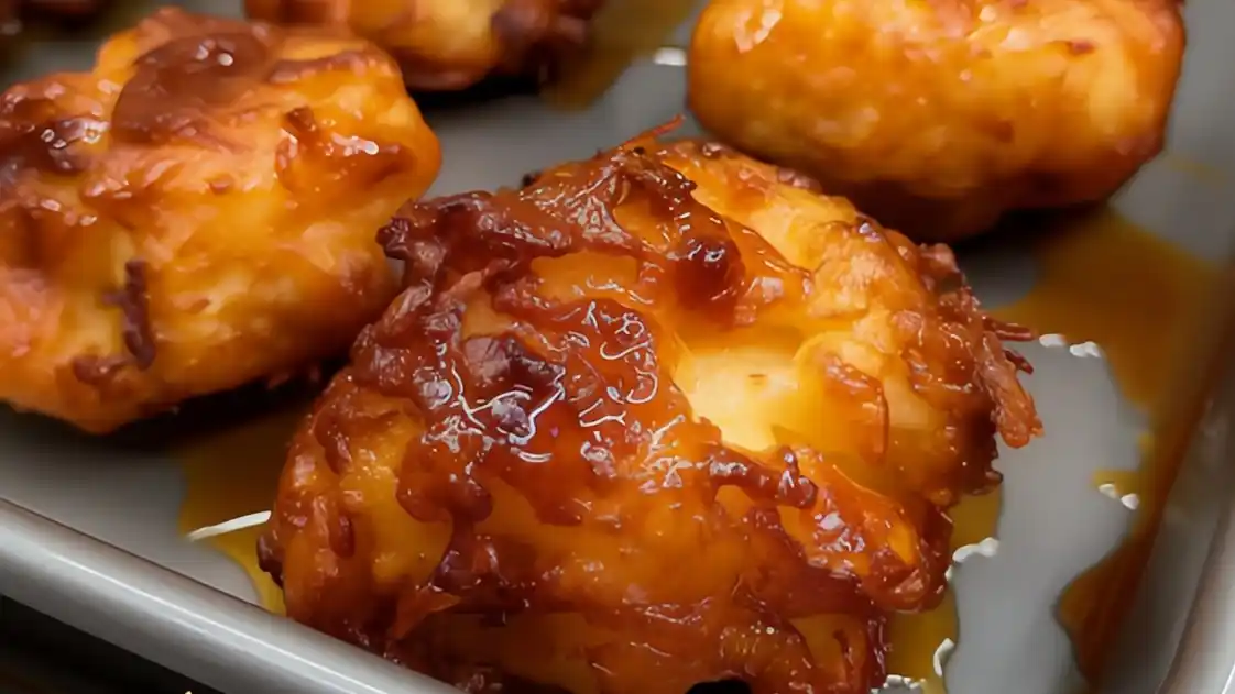 Close-up of golden-brown baked apple fritters drizzled with a sweet glaze, fresh out of the oven.