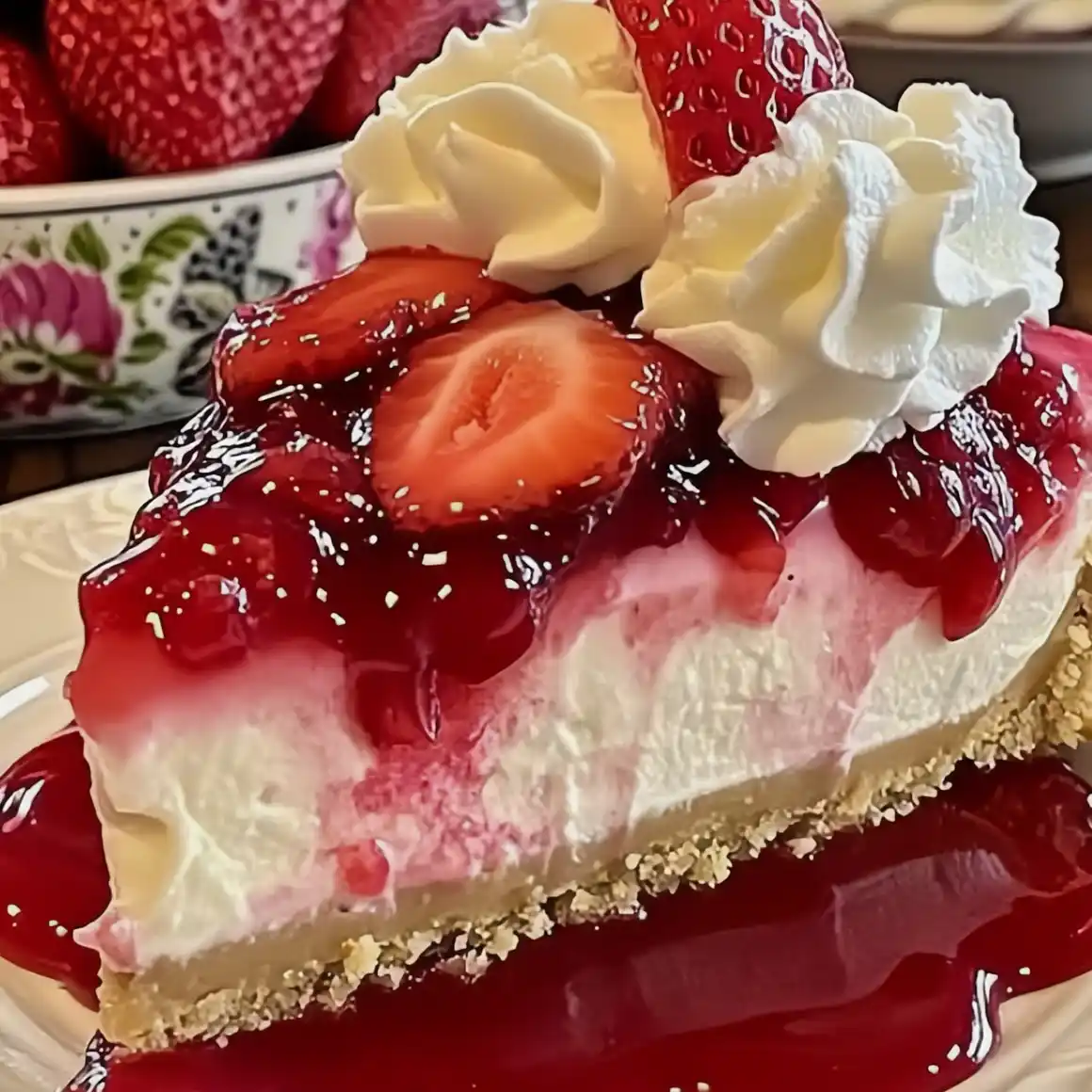 Creamy Strawberry Swirl Cheesecake with fresh berries and whipped cream on a golden graham cracker crust